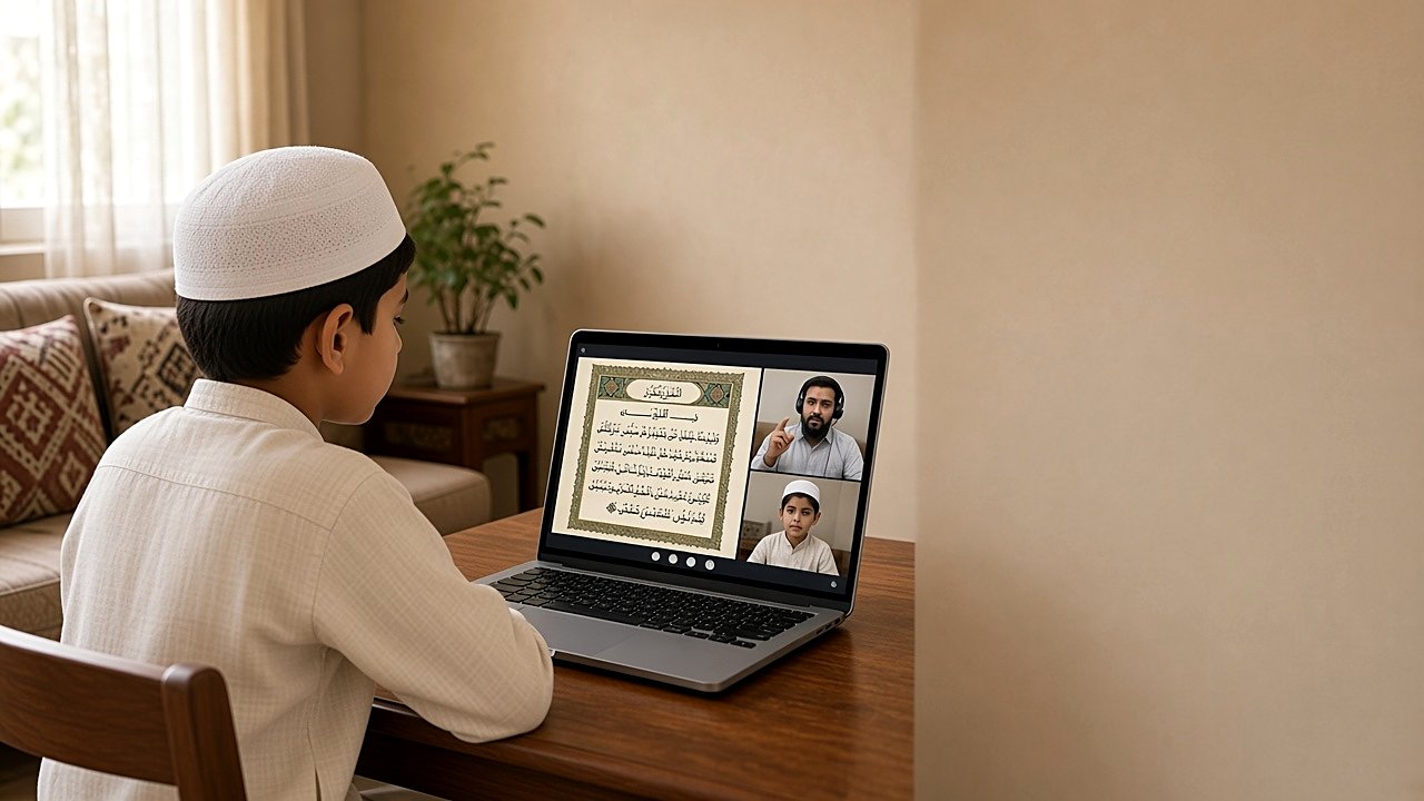 Child learning Quran online at home, reading from the teacher's shared screen on a live video class